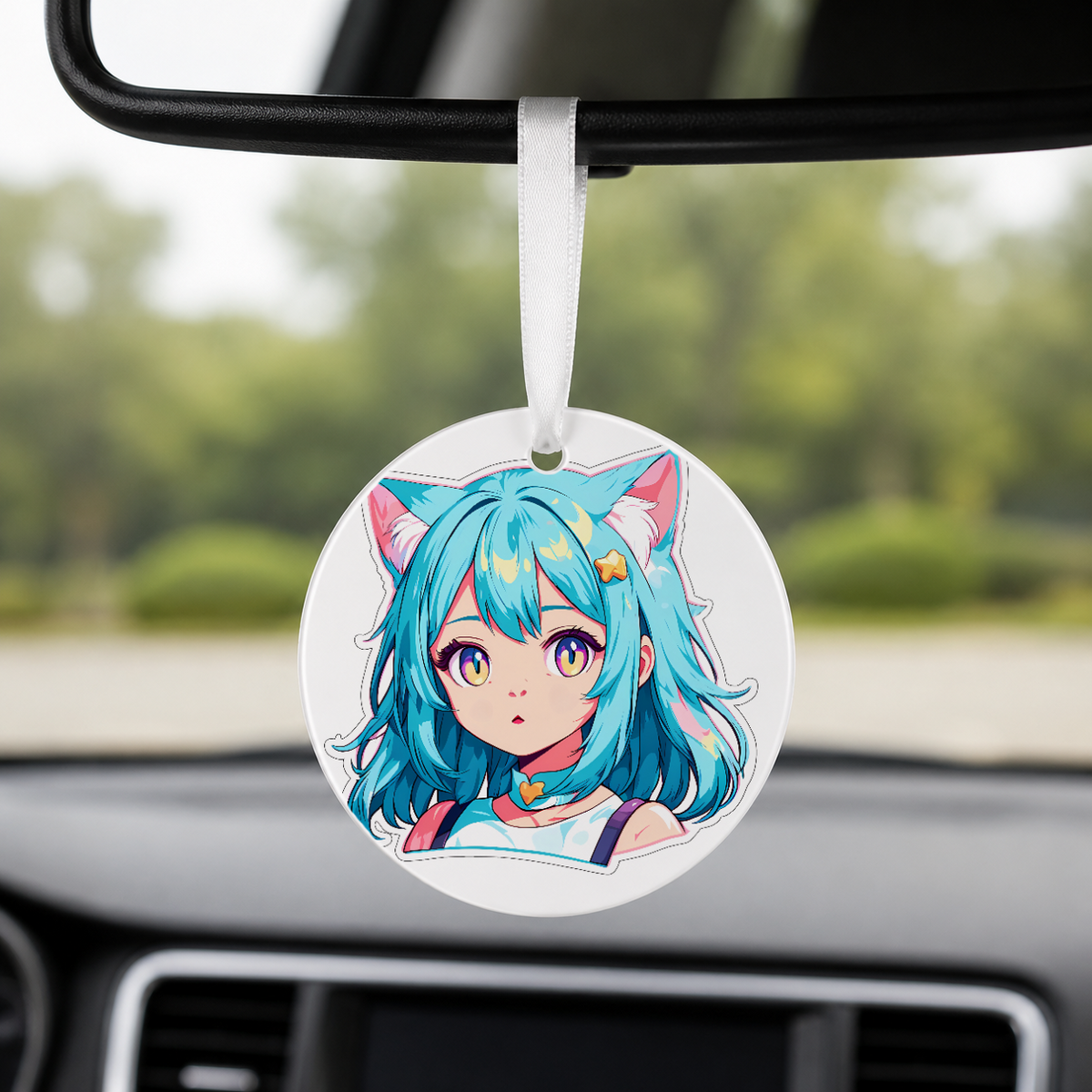 Anime Catgirl Sticker - Cyan Hair Orange Top - Round Car Charm in white
