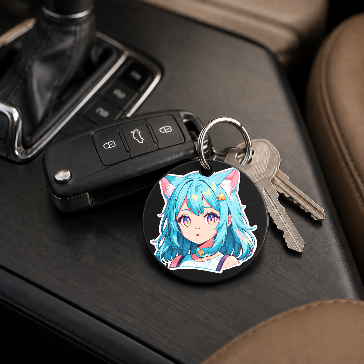 Anime Catgirl Sticker - Cyan Hair Orange Top - Keychain in black