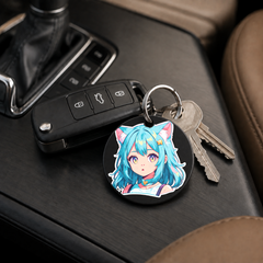 Anime Catgirl Sticker - Cyan Hair Orange Top - Keychain in black