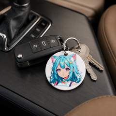 Anime Catgirl Sticker - Cyan Hair Orange Top - Keychain in white