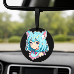 Anime Catgirl Sticker - Cyan Hair Pink Bow - Round Car Charm in black