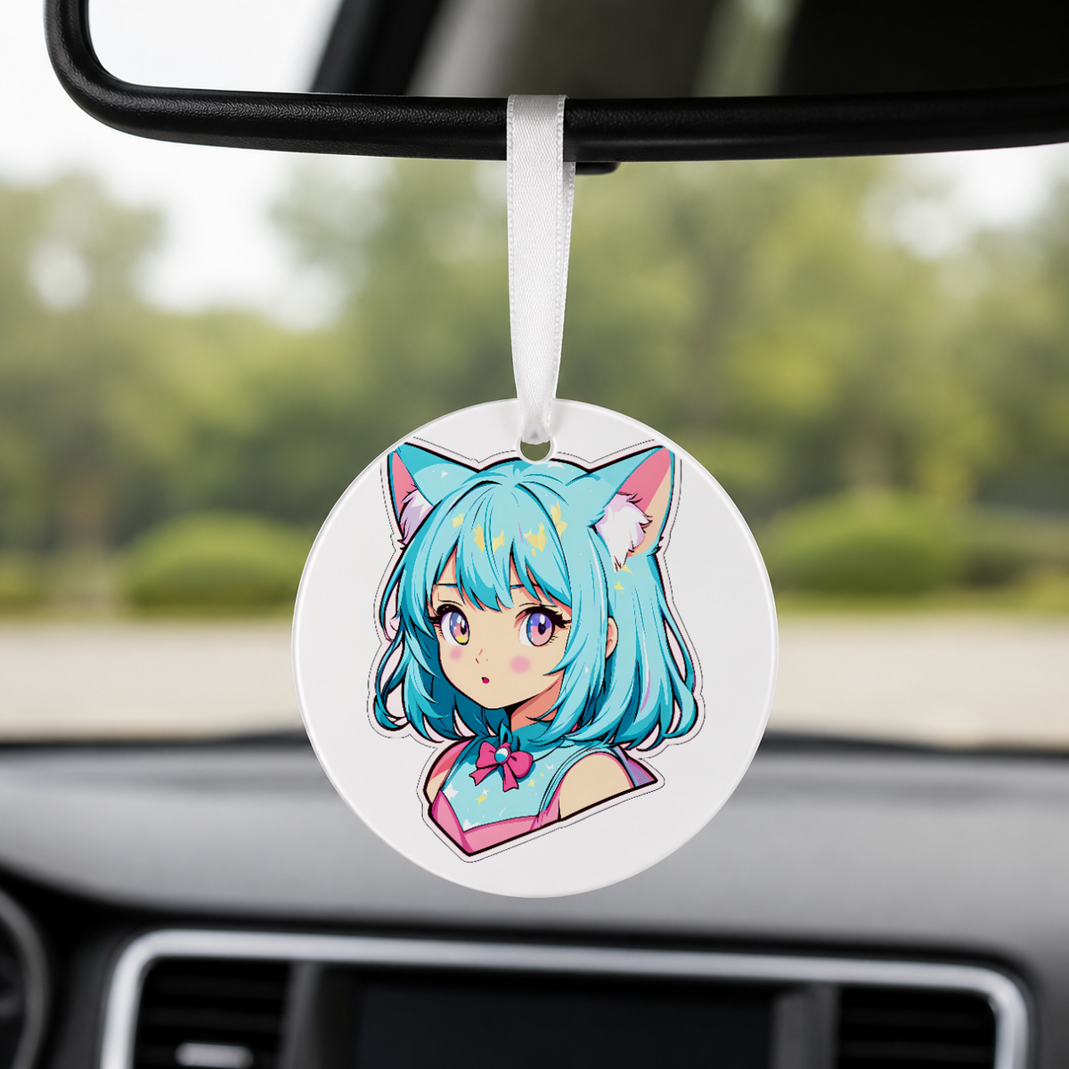 Anime Catgirl Sticker - Cyan Hair Pink Bow - Round Car Charm in white