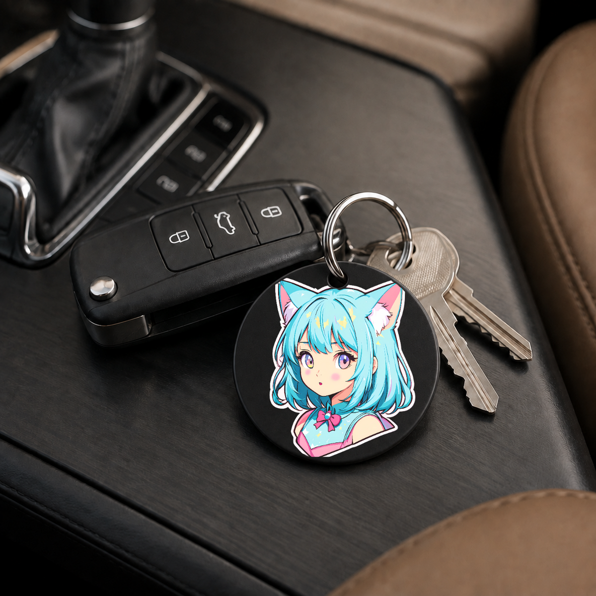 Anime Catgirl Sticker - Cyan Hair Pink Bow - Keychain in black
