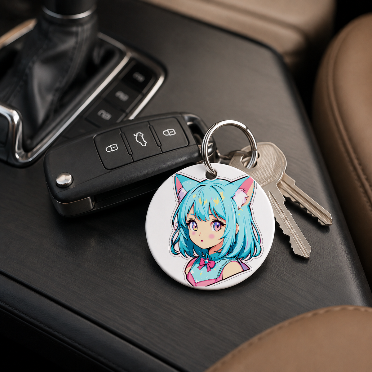 Anime Catgirl Sticker - Cyan Hair Pink Bow - Keychain in white