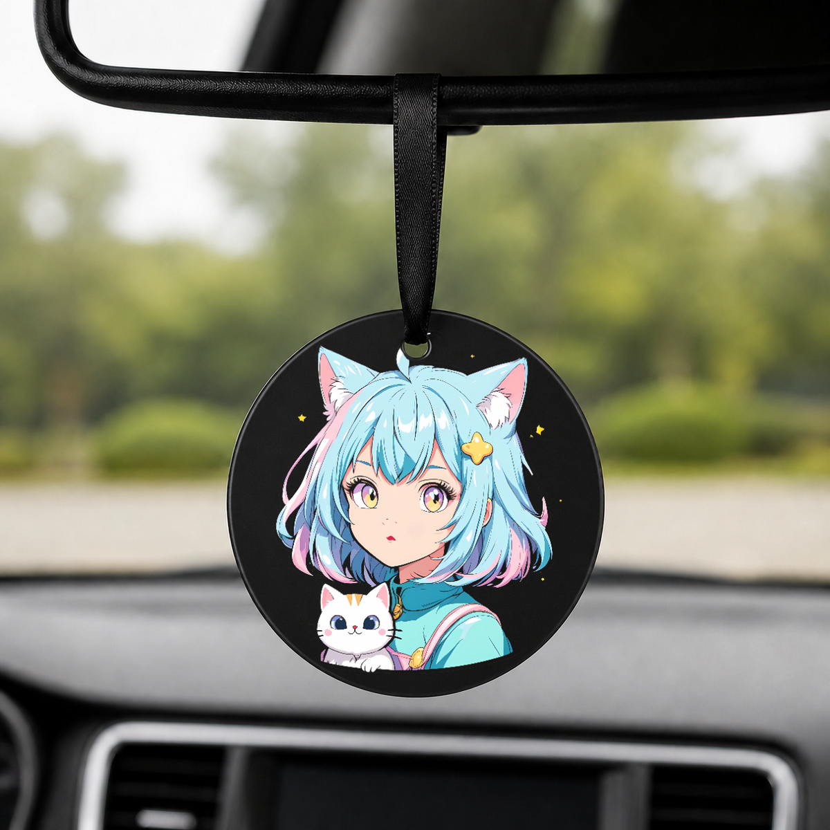 Anime Catgirl Sticker - Cyan Hair With Cat - Round Car Charm in black