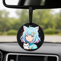Anime Catgirl Sticker - Cyan Hair With Cat - Round Car Charm in black