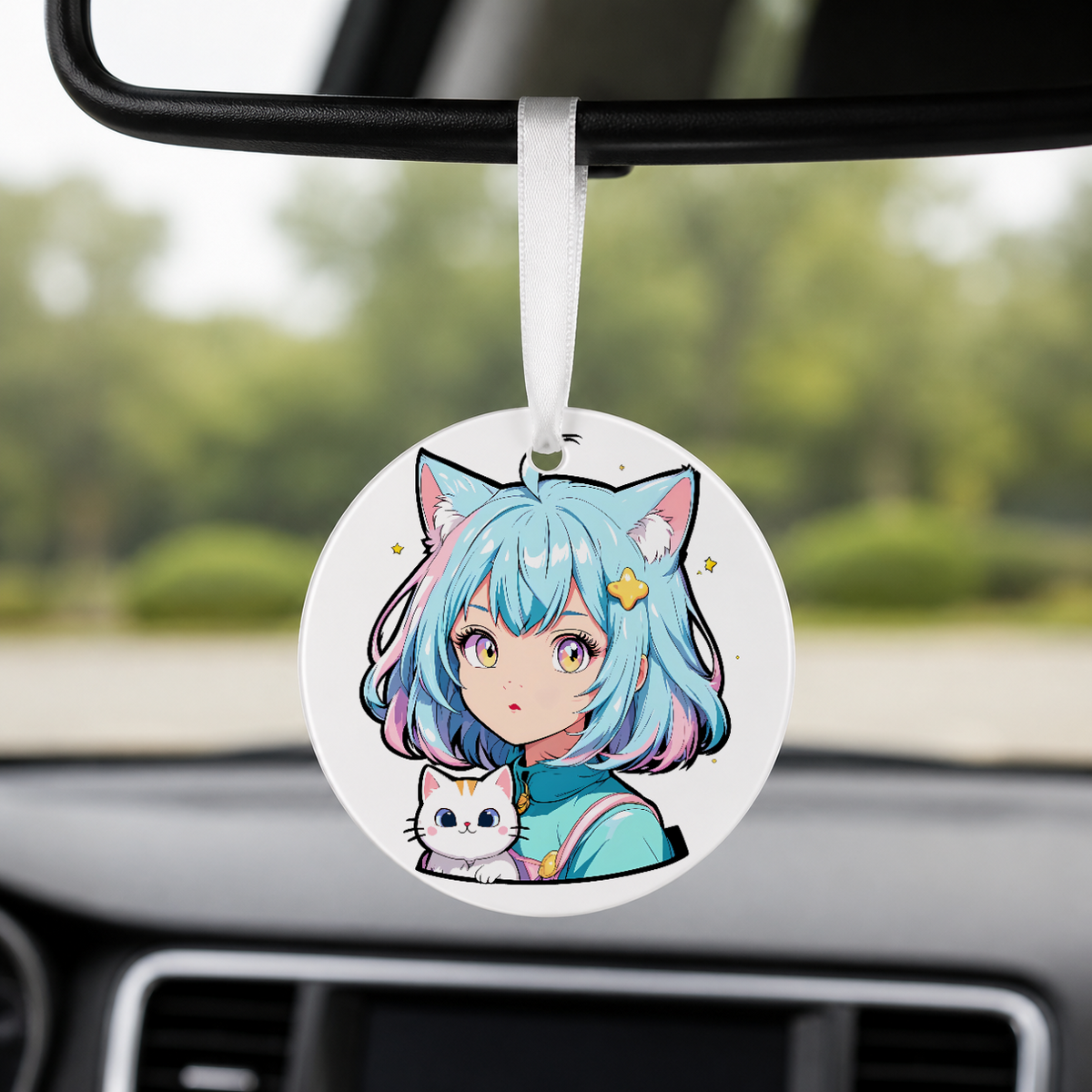 Anime Catgirl Sticker - Cyan Hair With Cat - Round Car Charm in white