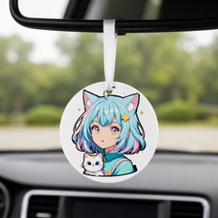 Anime Catgirl Sticker - Cyan Hair With Cat - Round Car Charm in white