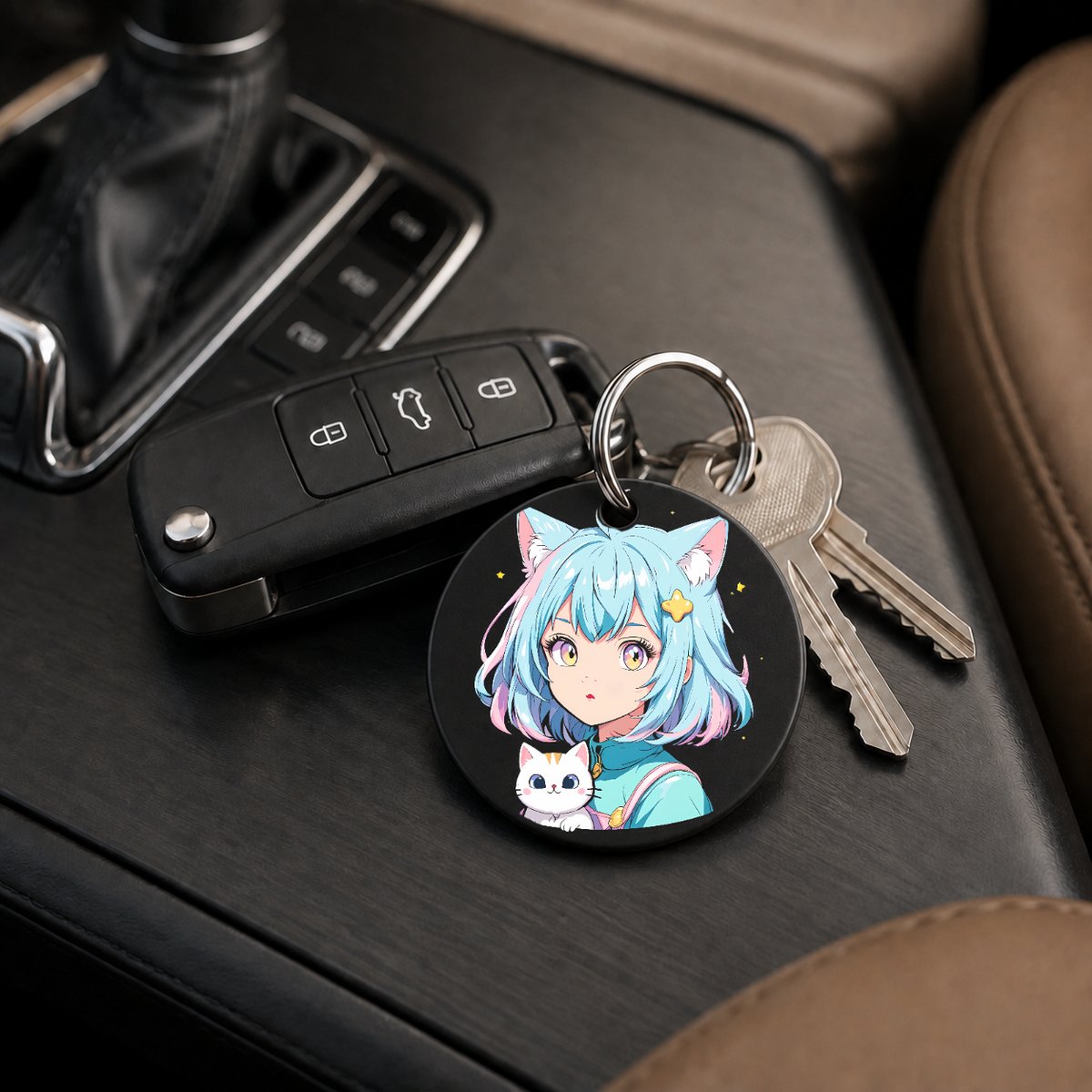 Anime Catgirl Sticker - Cyan Hair With Cat - Keychain in black