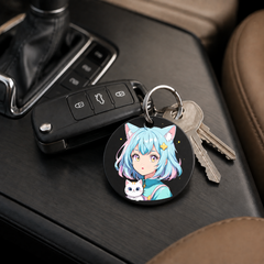 Anime Catgirl Sticker - Cyan Hair With Cat - Keychain in black