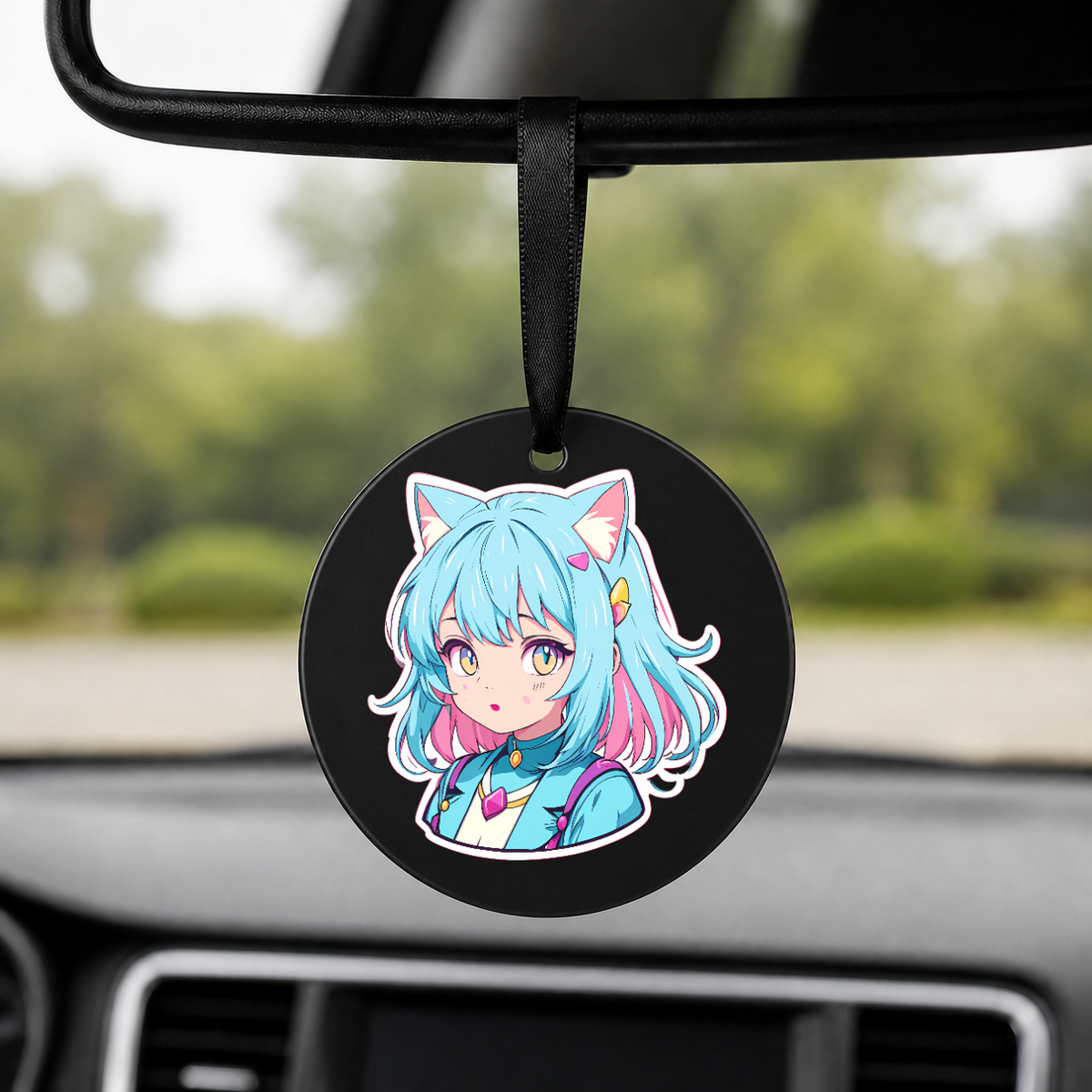 Anime Catgirl Sticker - Cyan Pink Hair Small Bow - Round Car Charm in black