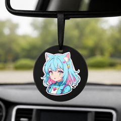 Anime Catgirl Sticker - Cyan Pink Hair Small Bow - Round Car Charm in black