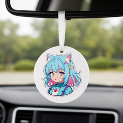 Anime Catgirl Sticker - Cyan Pink Hair Small Bow - Round Car Charm in white