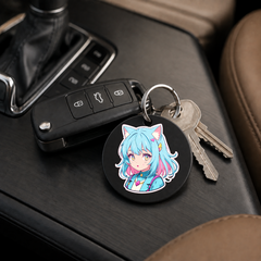 Anime Catgirl Sticker - Cyan Pink Hair Small Bow - Keychain in black