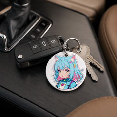 Anime Catgirl Sticker - Cyan Pink Hair Small Bow - Keychain in white