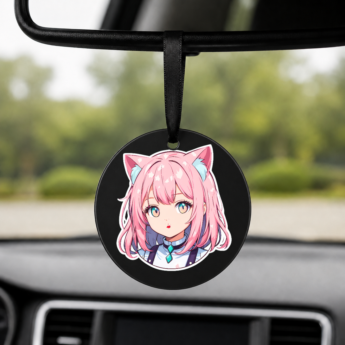Anime Catgirl Sticker - Pink Hair Black Top - Round Car Charm in black