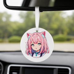 Anime Catgirl Sticker - Pink Hair Black Top - Round Car Charm in white