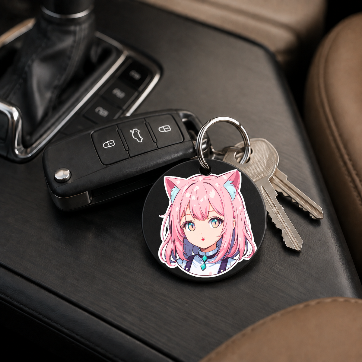 Anime Catgirl Sticker - Pink Hair Black Top - Keychain in black