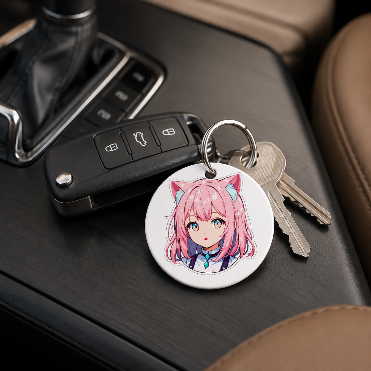 Anime Catgirl Sticker - Pink Hair Black Top - Keychain in white