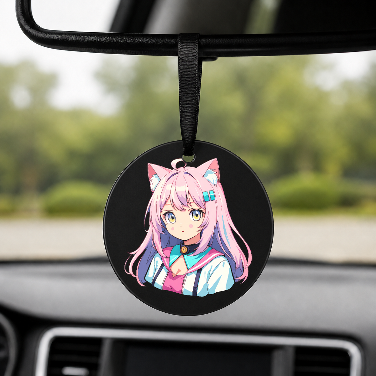 Anime Catgirl Sticker - Pink Hair Blue Clips - Round Car Charm in black