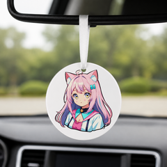 Anime Catgirl Sticker - Pink Hair Blue Clips - Round Car Charm in white