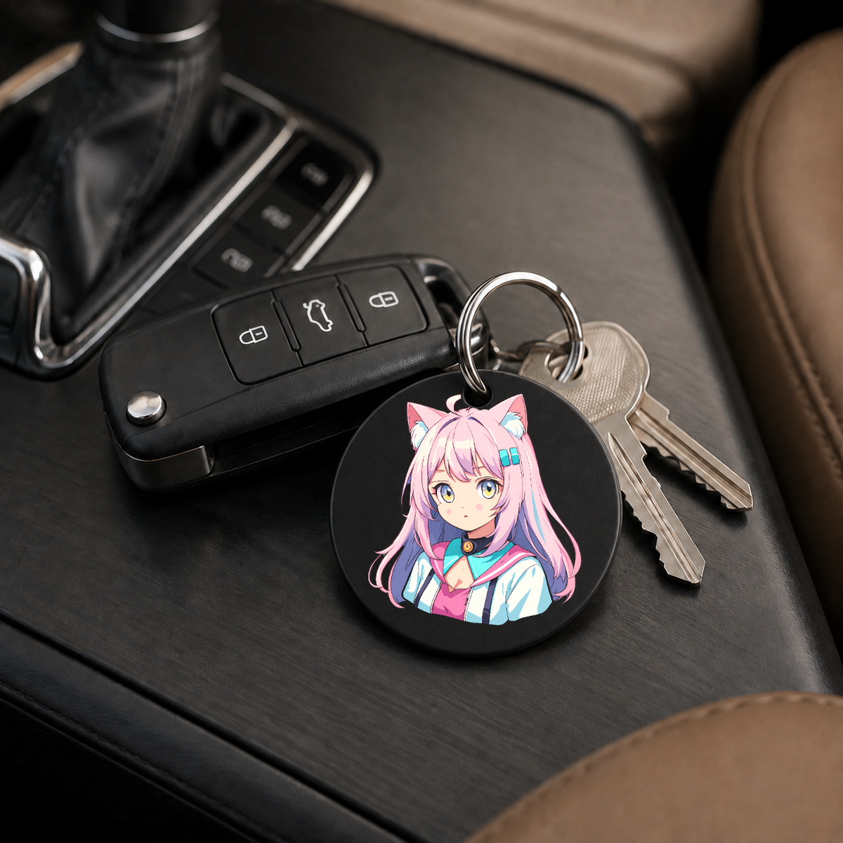 Anime Catgirl Sticker - Pink Hair Blue Clips - Keychain in black