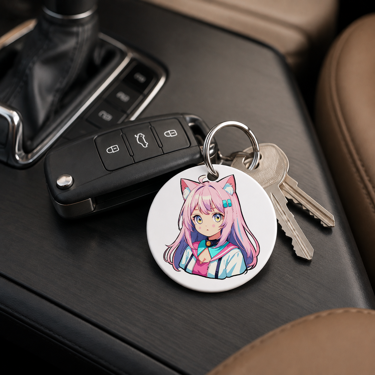Anime Catgirl Sticker - Pink Hair Blue Clips - Keychain in white