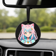 Anime Catgirl Sticker - Pink Hair Gold Ring Clip - Round Car Charm in black