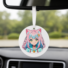 Anime Catgirl Sticker - Pink Hair Gold Ring Clip - Round Car Charm in white