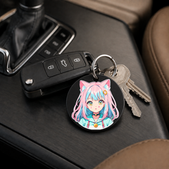 Anime Catgirl Sticker - Pink Hair Gold Ring Clip - Keychain in black