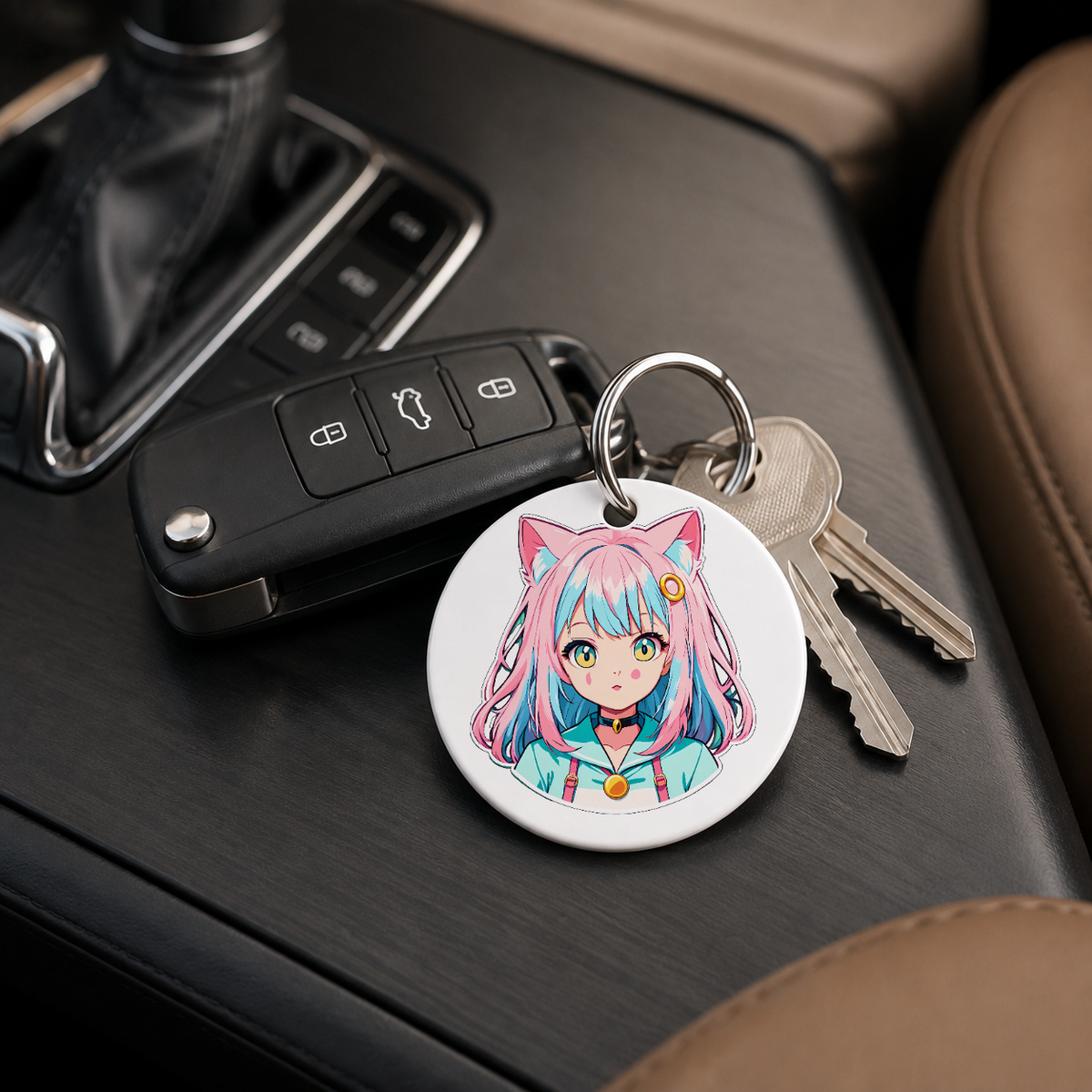 Anime Catgirl Sticker - Pink Hair Gold Ring Clip - Keychain in white