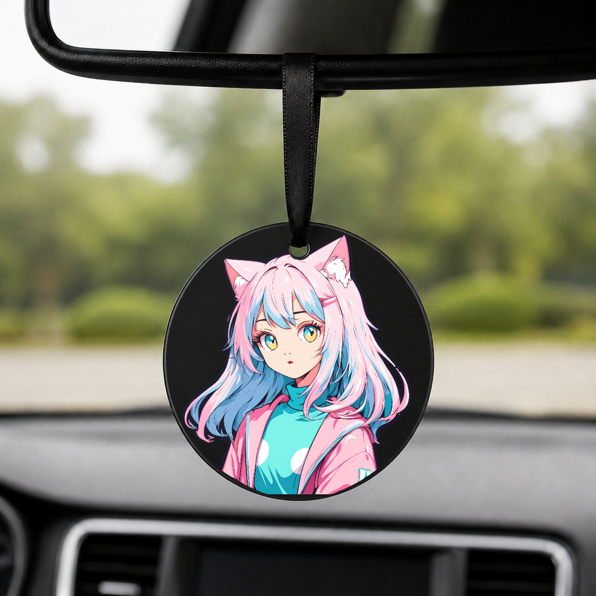 Anime Catgirl Sticker - Pink Hair Polka Dot Jacket - Round Car Charm in black
