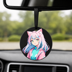 Anime Catgirl Sticker - Pink Hair Polka Dot Jacket - Round Car Charm in black