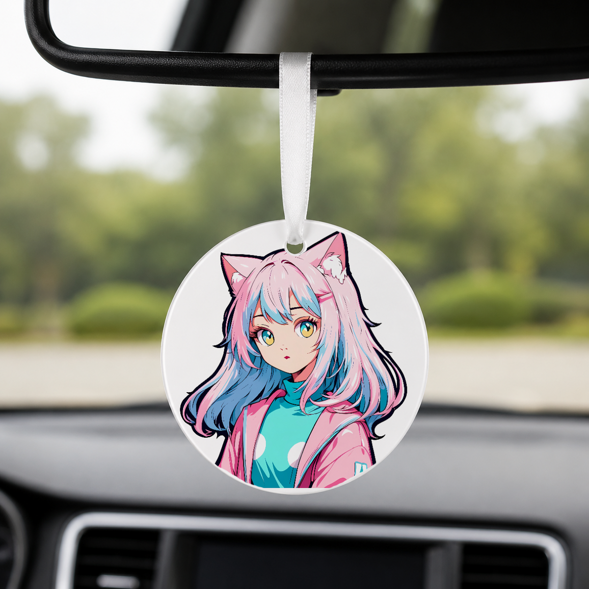 Anime Catgirl Sticker - Pink Hair Polka Dot Jacket - Round Car Charm in white