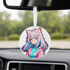 Anime Catgirl Sticker - Pink Hair Polka Dot Jacket - Round Car Charm in white