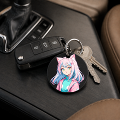 Anime Catgirl Sticker - Pink Hair Polka Dot Jacket - Keychain in black