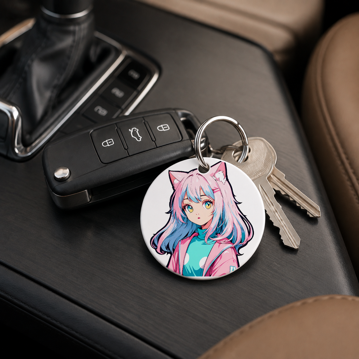 Anime Catgirl Sticker - Pink Hair Polka Dot Jacket - Keychain in white