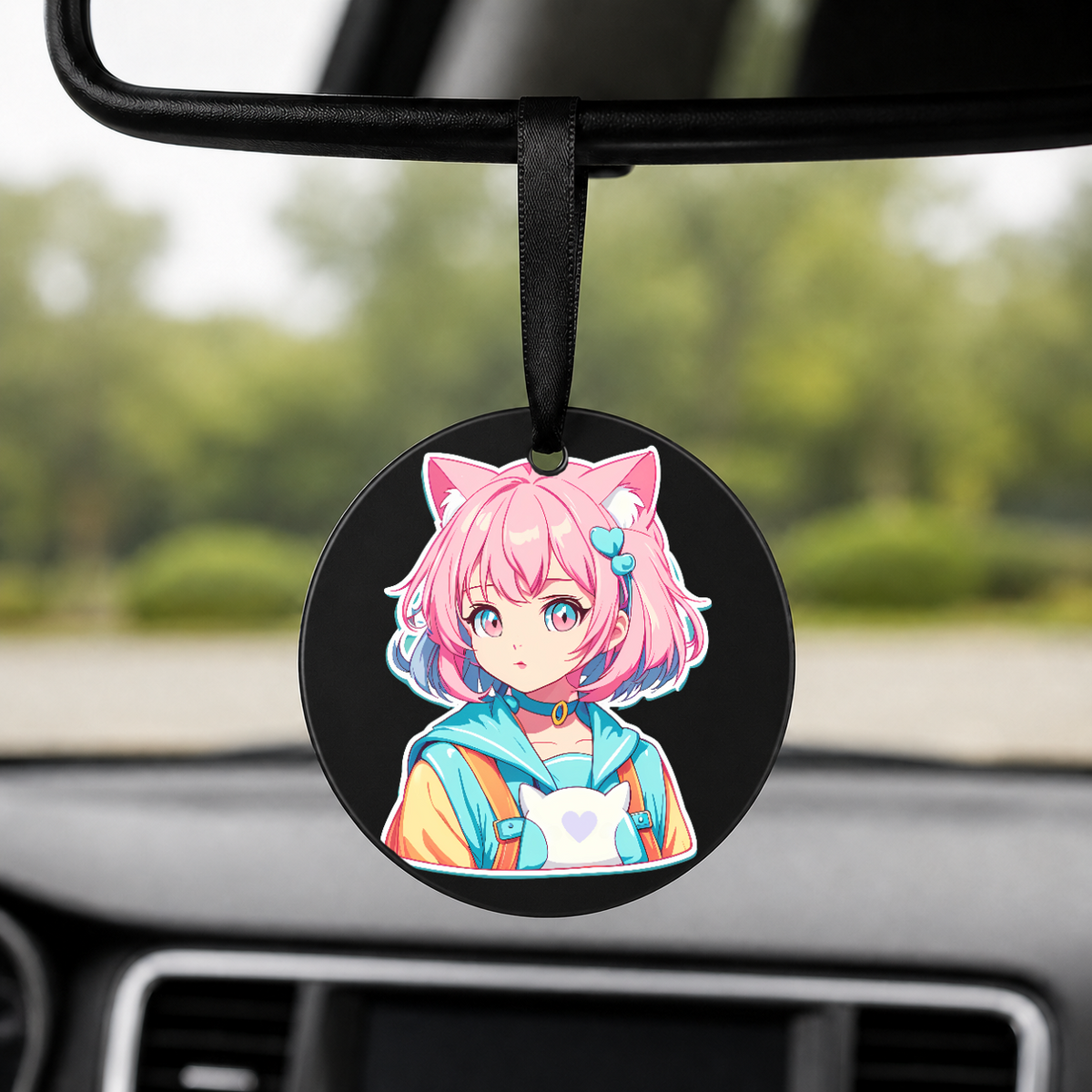 Anime Catgirl Sticker - Pink Hair Rainbow Jacket - Round Car Charm in black