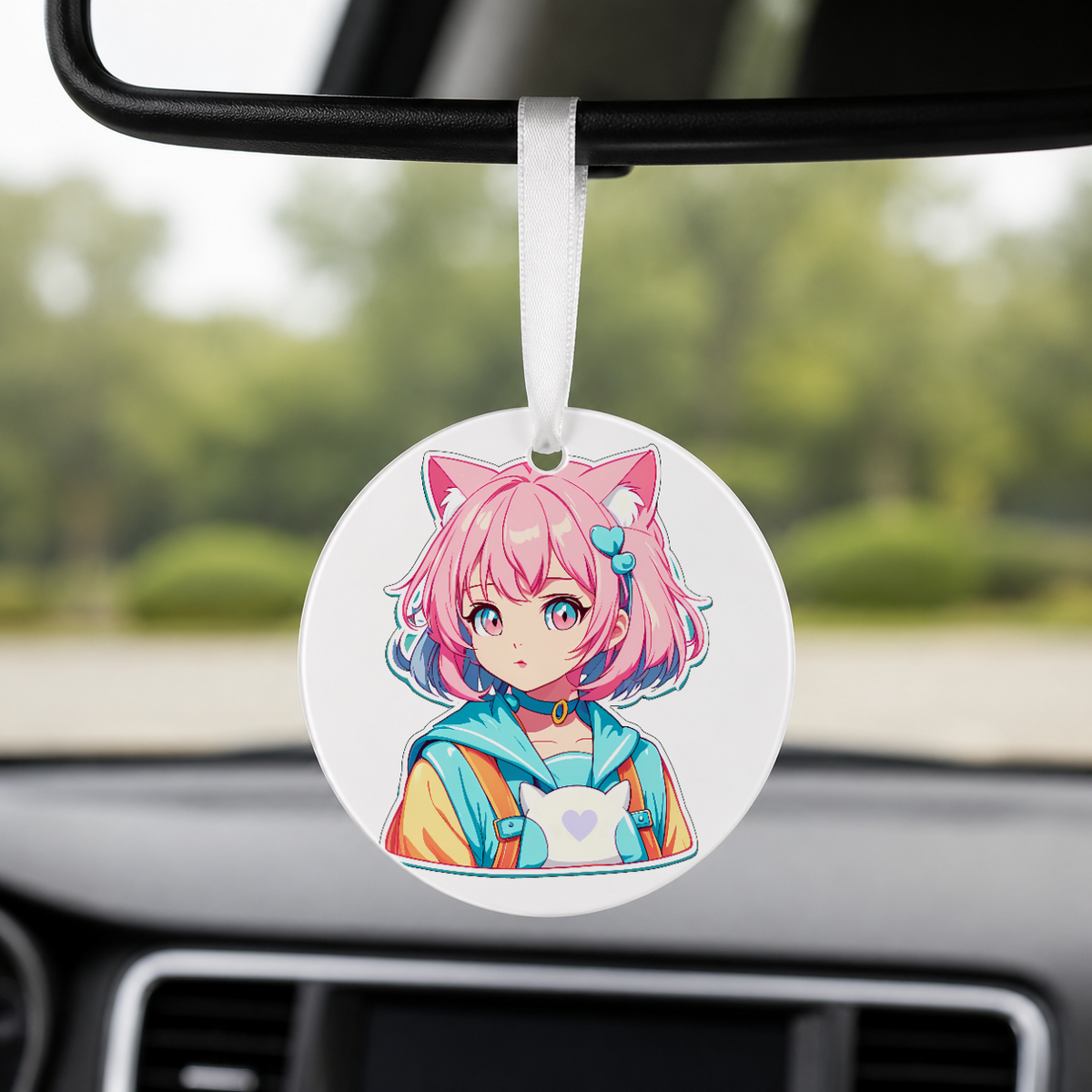 Anime Catgirl Sticker - Pink Hair Rainbow Jacket - Round Car Charm in white