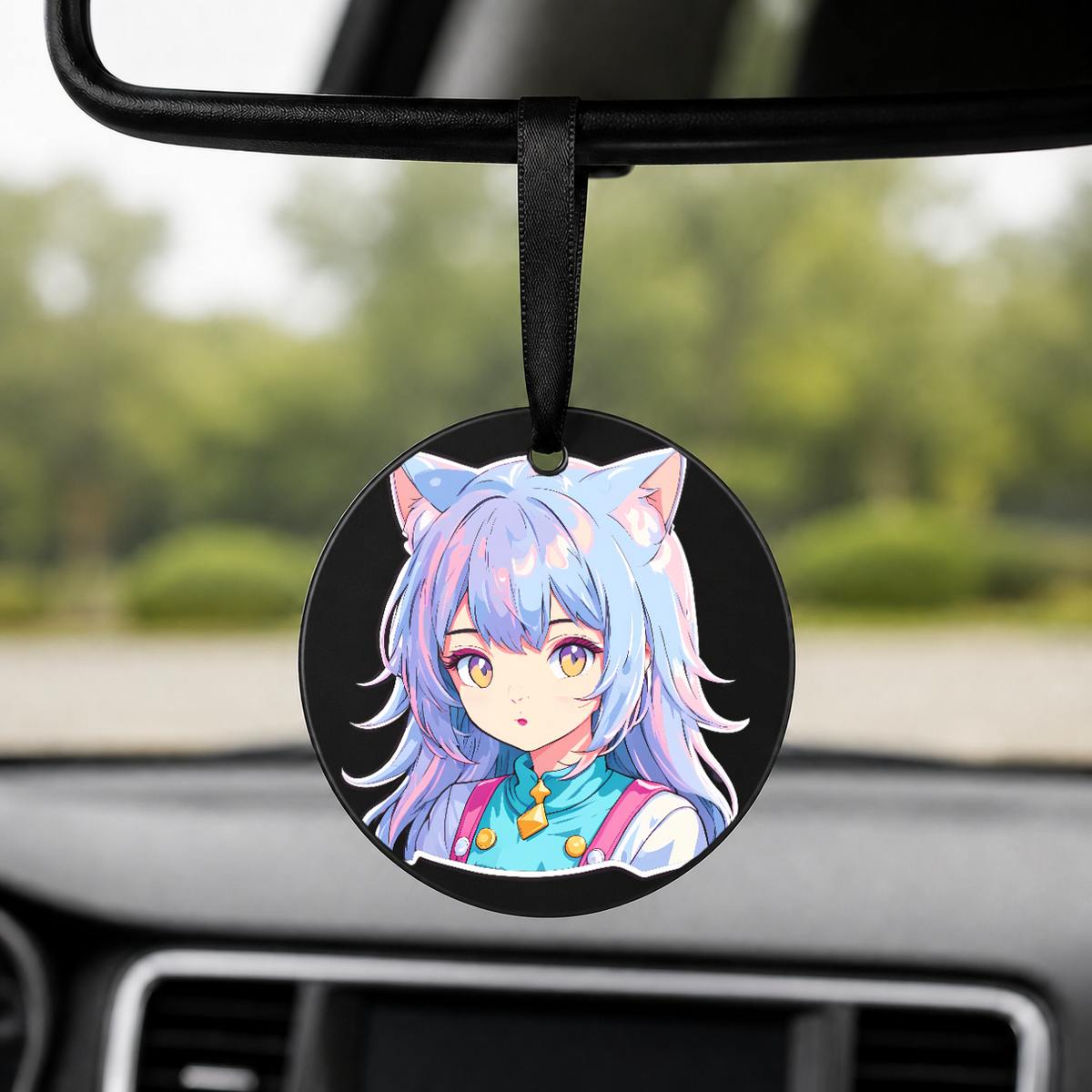 Anime Catgirl Sticker - Purple Gradient Hair - Round Car Charm in black