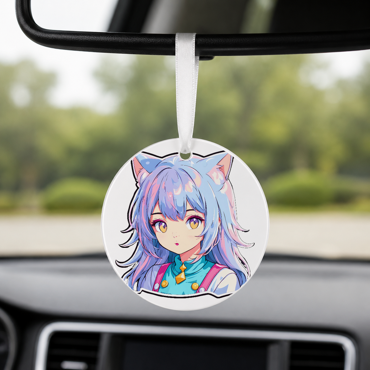 Anime Catgirl Sticker - Purple Gradient Hair - Round Car Charm in white