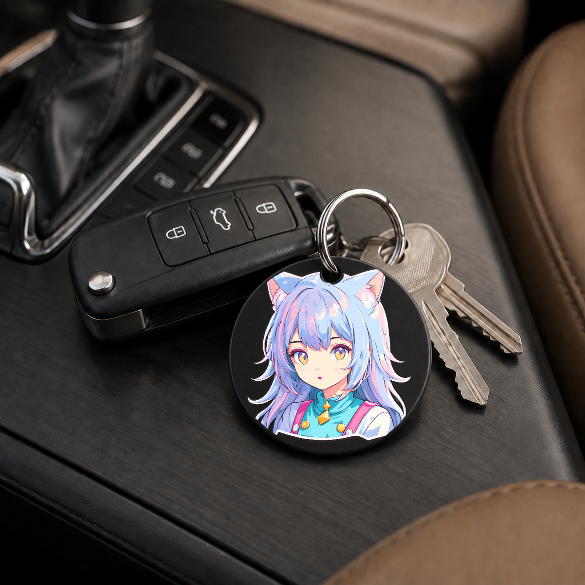 Anime Catgirl Sticker - Purple Gradient Hair - Keychain in black