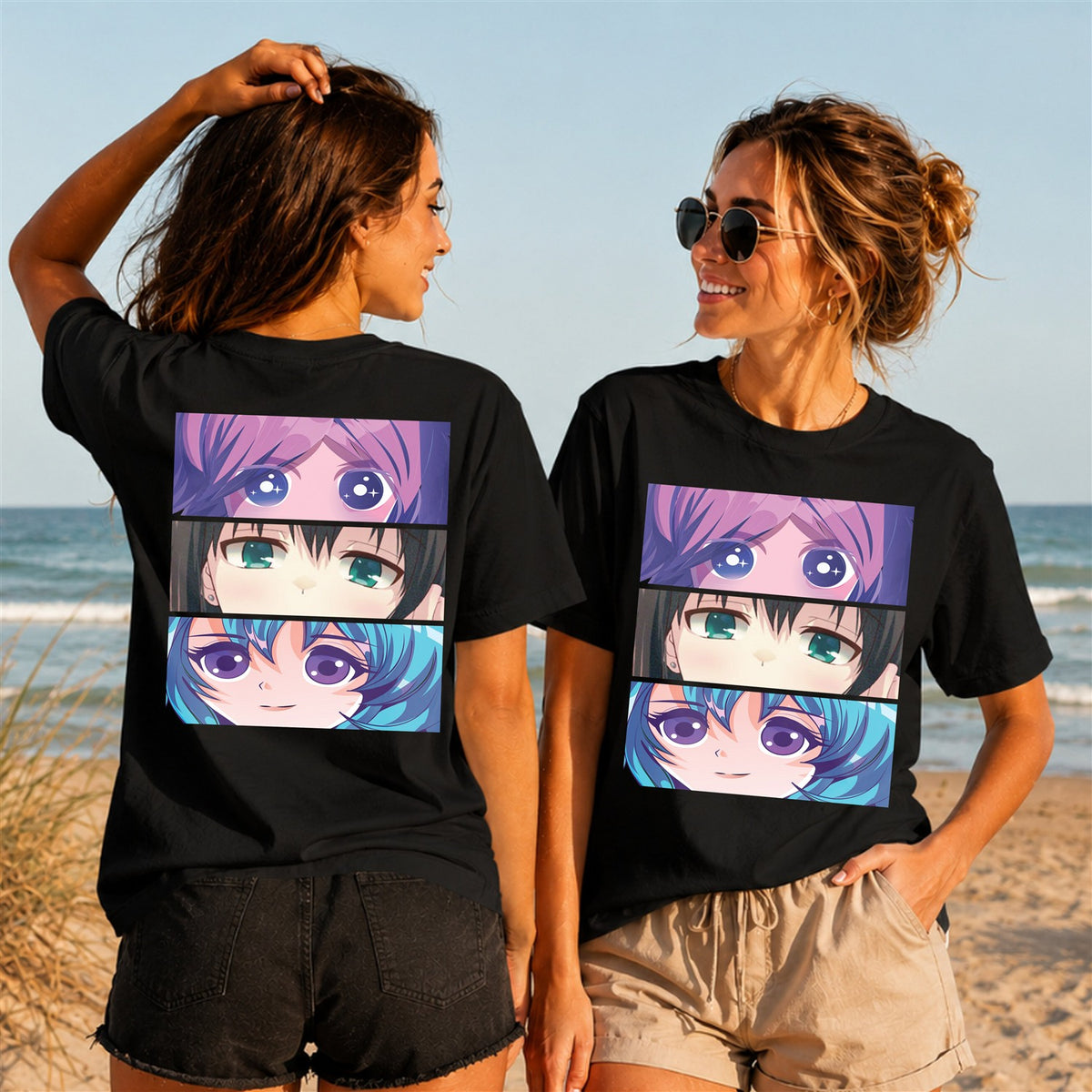 Anime Eyes Triptych - Women's T-Shirt in black, showing front and back print placement choices
