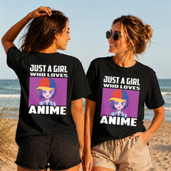 Anime Girl In Cap Portrait - Women's T-Shirt in black, showing front and back print placement choices