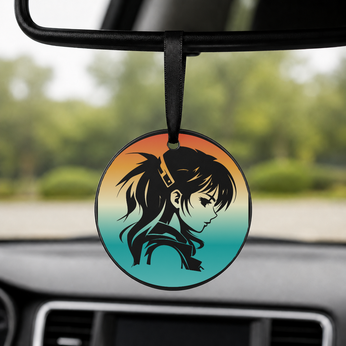 Anime Girl Silhouette Profile Gradient 1 - Round Car Charm in black