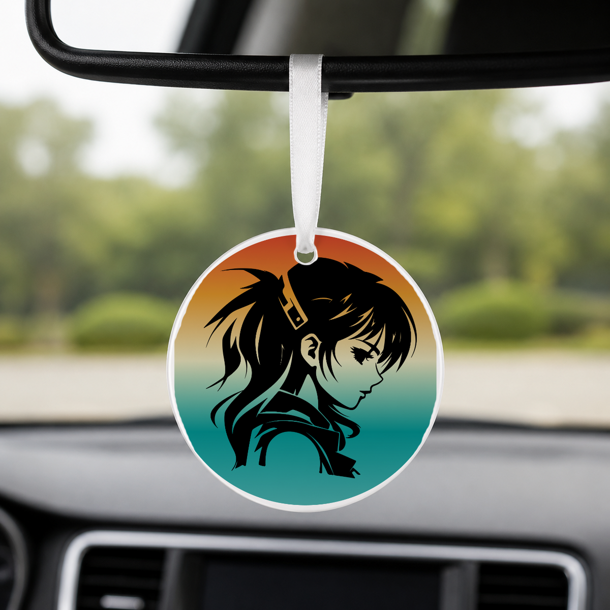 Anime Girl Silhouette Profile Gradient 1 - Round Car Charm in white