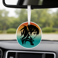 Anime Girl Silhouette Profile Gradient 1 - Round Car Charm in white