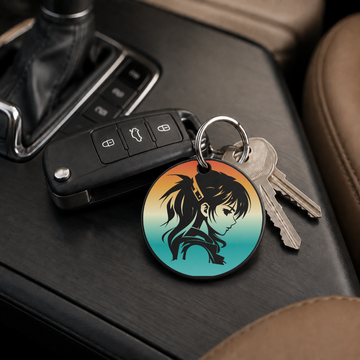 Anime Girl Silhouette Profile Gradient 1 - Keychain in black