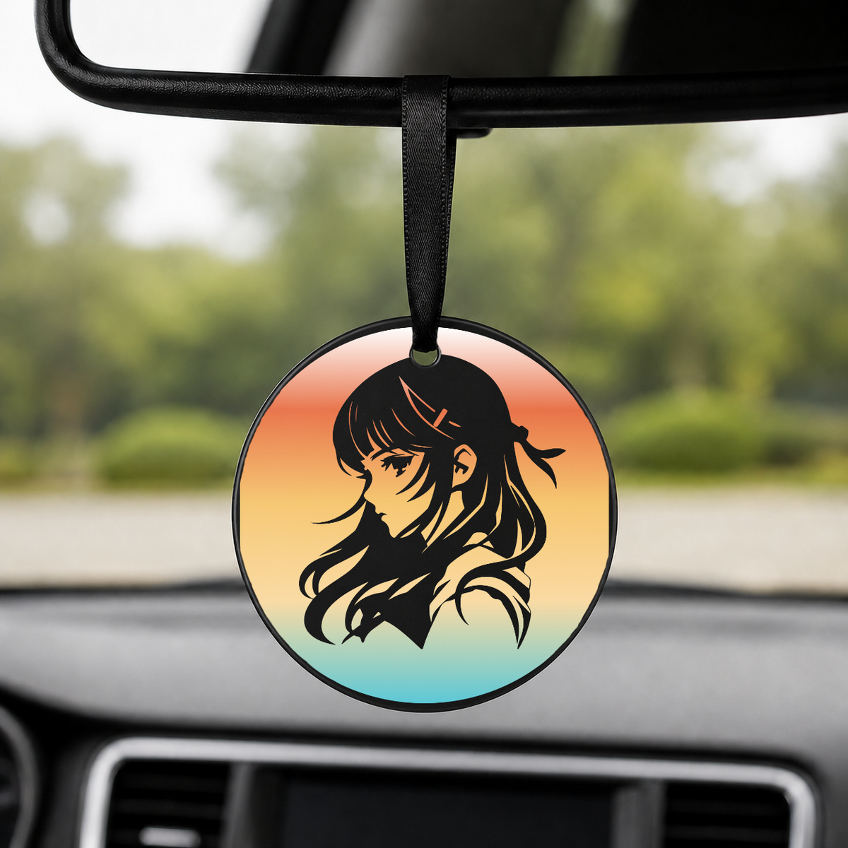 Anime Girl Silhouette Profile Gradient 2 - Round Car Charm in black