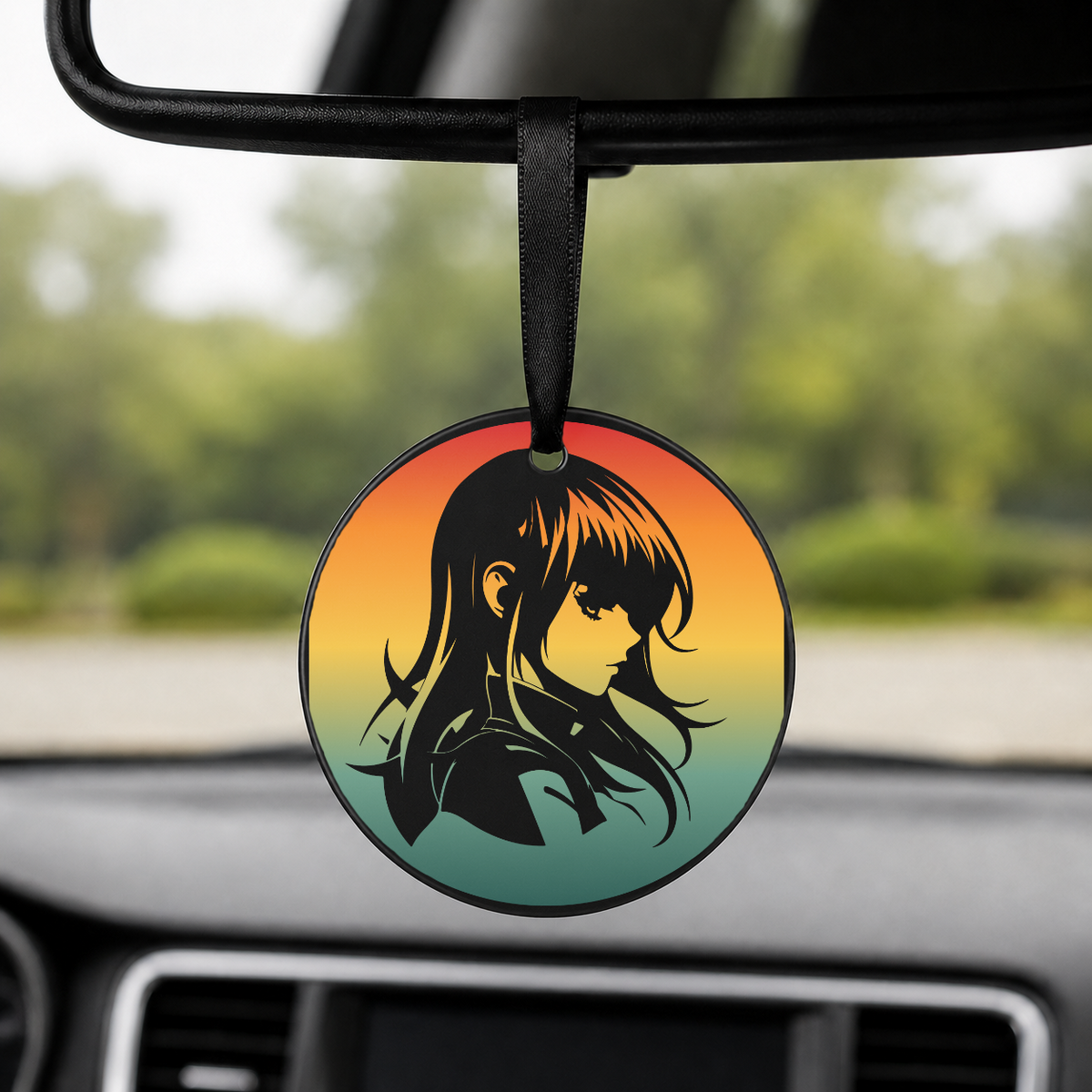 Anime Girl Silhouette Profile Gradient 3 - Round Car Charm in black